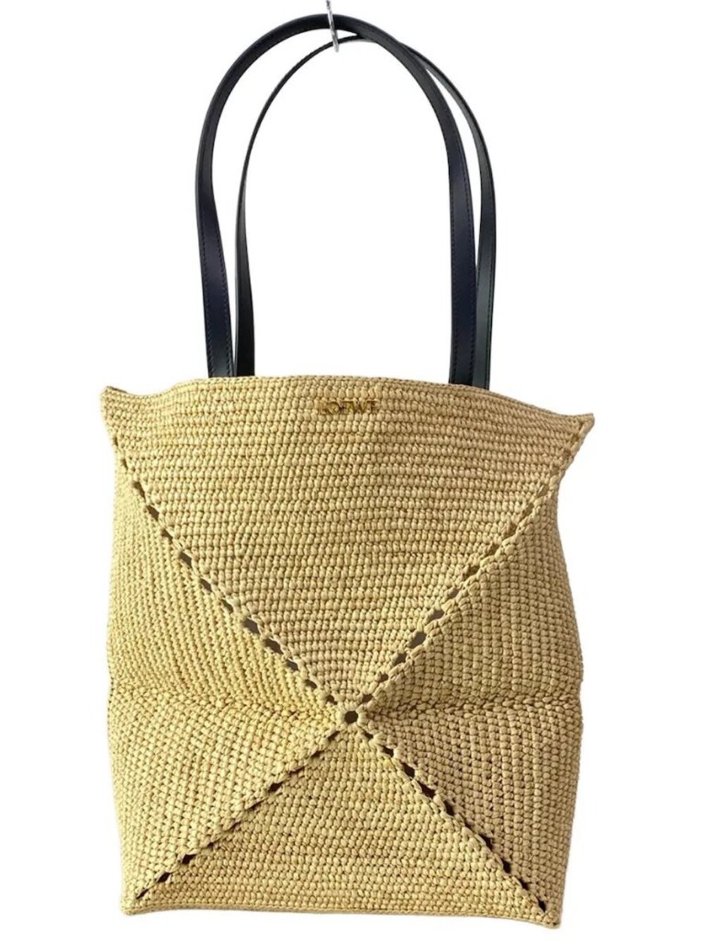 LOEWE Puzzle Fold Tote Medium A779G50X08 Beige Black Raffia Leather - Tote Bag